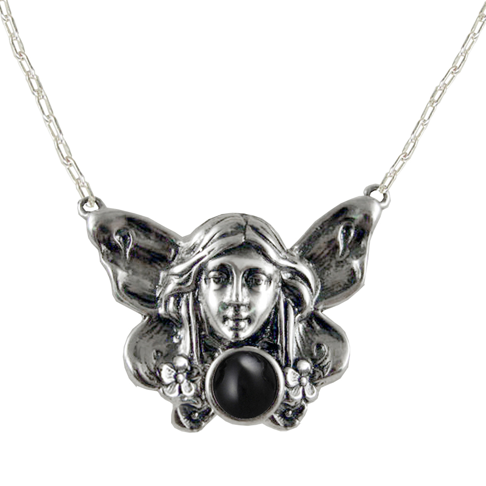 Sterling Silver Victorian Winged Fairy Necklace With Black Onyx